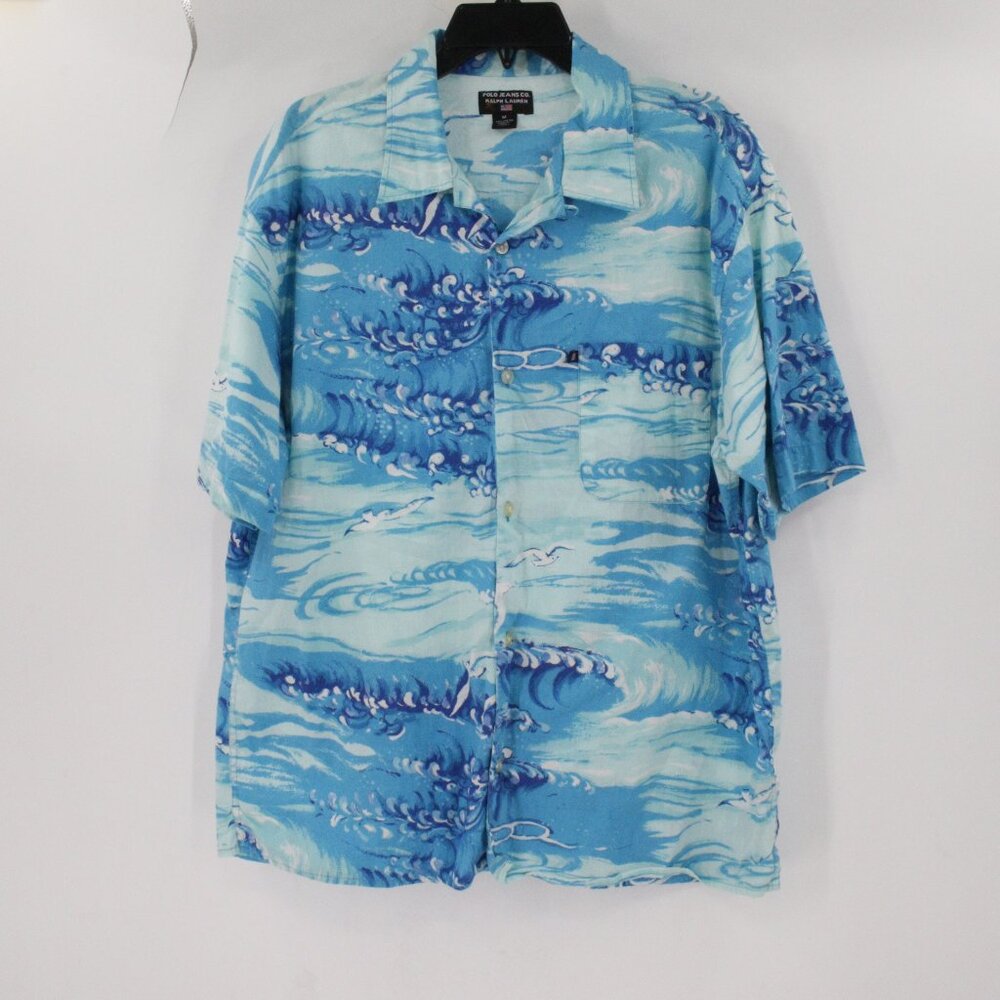 VTG Polo Jeans Ralph Lauren Camp Shirt Men's M Loop collar Waves Print seagull
